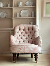 Button Back Upholstered Chair in Beki Bright’s Apple Pickers Fabric