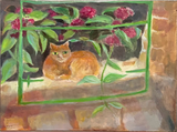 Painting of a cat sitting on a windowsill with flowers and greenery.