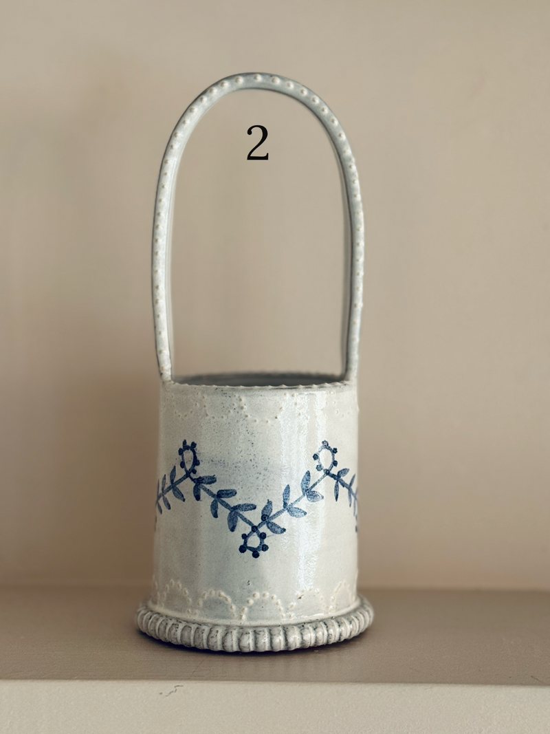 The Merchants Table Delft Ceramic basket vase Emily Mitchell sprigged zig zag