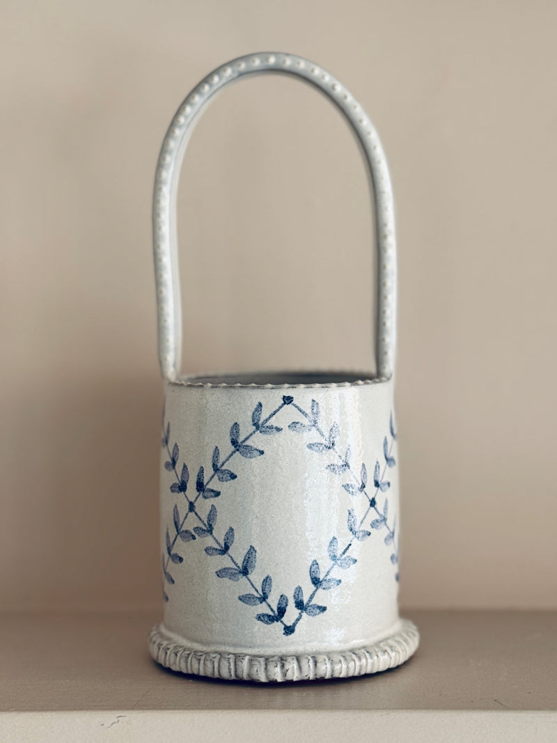 The Merchants Table Delft Ceramic basket vase Emily Mitchell sprigged hatching