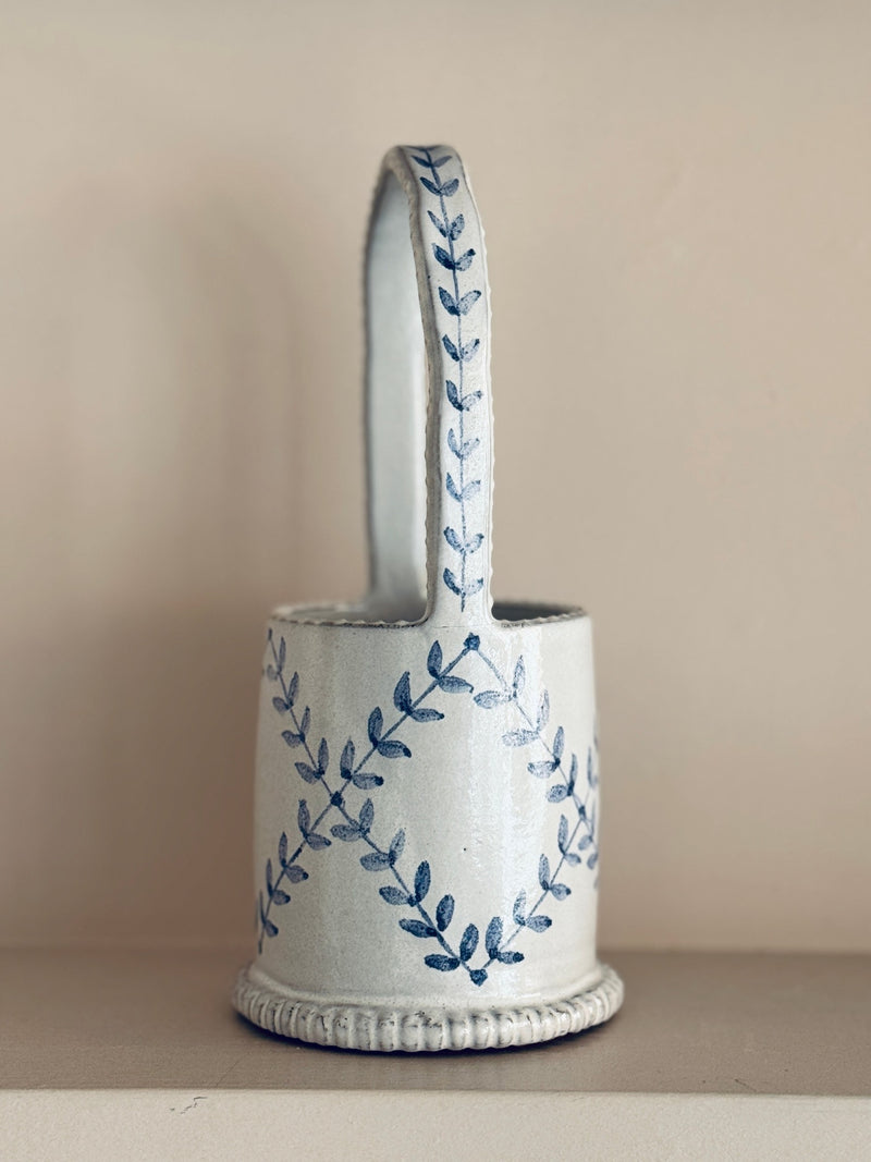 The Merchants Table Delft Ceramic basket vase Emily Mitchell strigged hatching