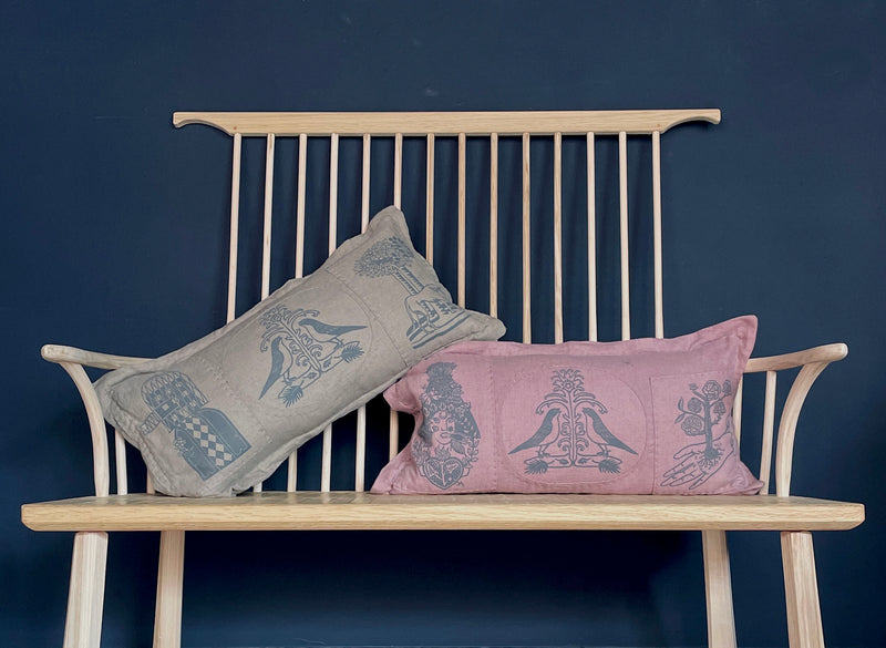 Patched Linen Cushion (Brushed Stone, Olive & Pink)  - Bonfield Block-Printers