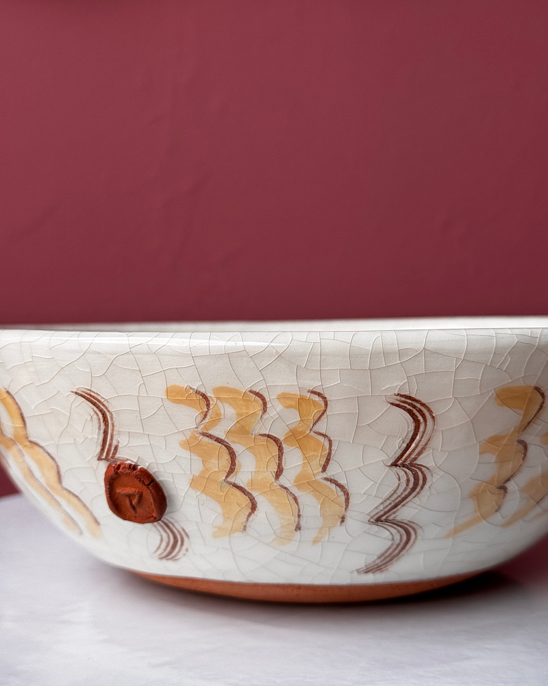 Ceramic bowl with decorative patterns on a plain background