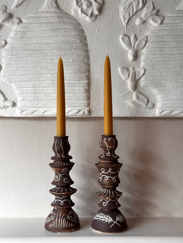 Harvest Sgraffito Porcelain Candlesticks, Pair