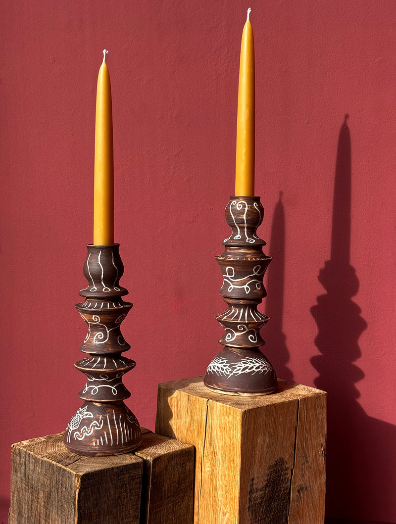 Harvest Sgraffito Porcelain Candlesticks, Pair
