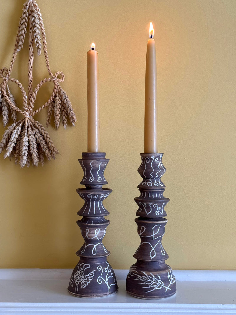 Harvest Sgraffito Porcelain Candlesticks, the pair