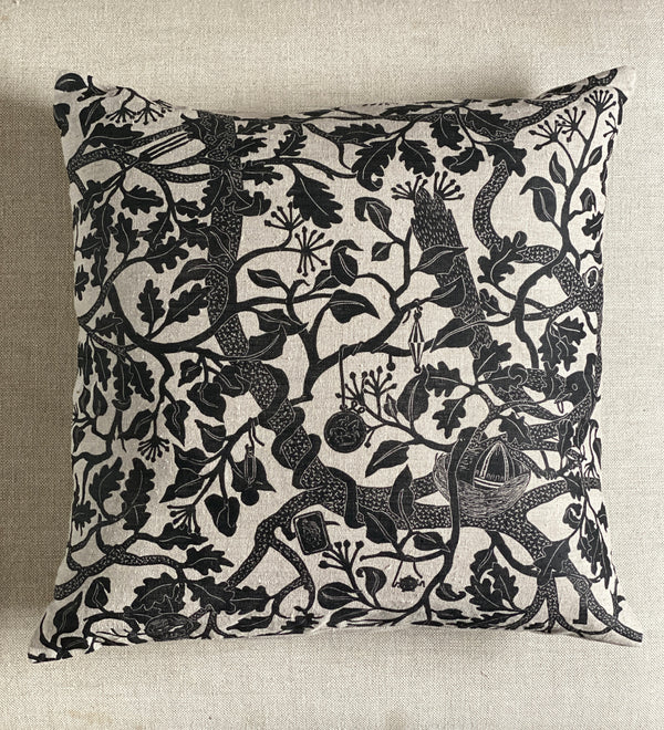 Treasure Tree Printed Square Cushion (Carbon Black) - Bonfield Block Printers