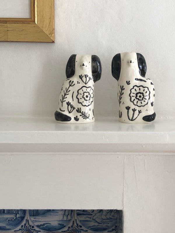 Pair of Black Floral Staffordshire Dogs - Alex Sickling