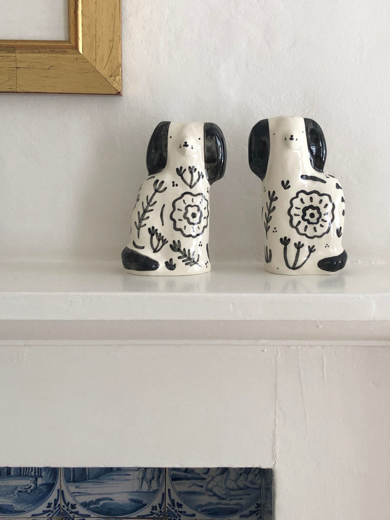 A Pair of Black Floral Staffordshire Dogs - Alex Sickling
