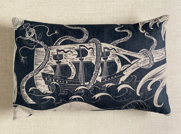 'Ship in a Battle'  Printed Cushion - Bonfield Block Printers