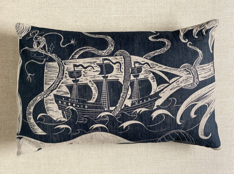 'Ship in a Battle'  Printed Cushion - Bonfield Block Printers